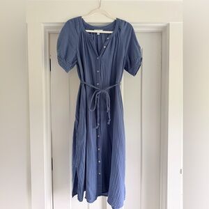 Time and Tru Dusty Blue Button Gauze Midi Dress with Tie Waist